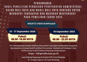 Pengumuman hasil penelitian perbaikan adminsitrasi calon Wali Kota dan Wakil Wali Kota oleh KPU Kota Bontang (aset: KPU Bontang)