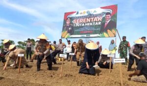 Kepolisian Balikpapan bersama Pemkot Balikpapan melakukan penanaman jagung di Jalan Padat Karya RT 02 Kelurahan Lamaru, Balikpapan Timur, Senin 21 Januari 2025. (dok: hlm/katakaltim)